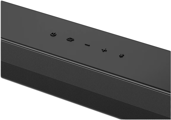 Fekete soundbar gombokkal. Hangszóró rácsot tartalmaz.