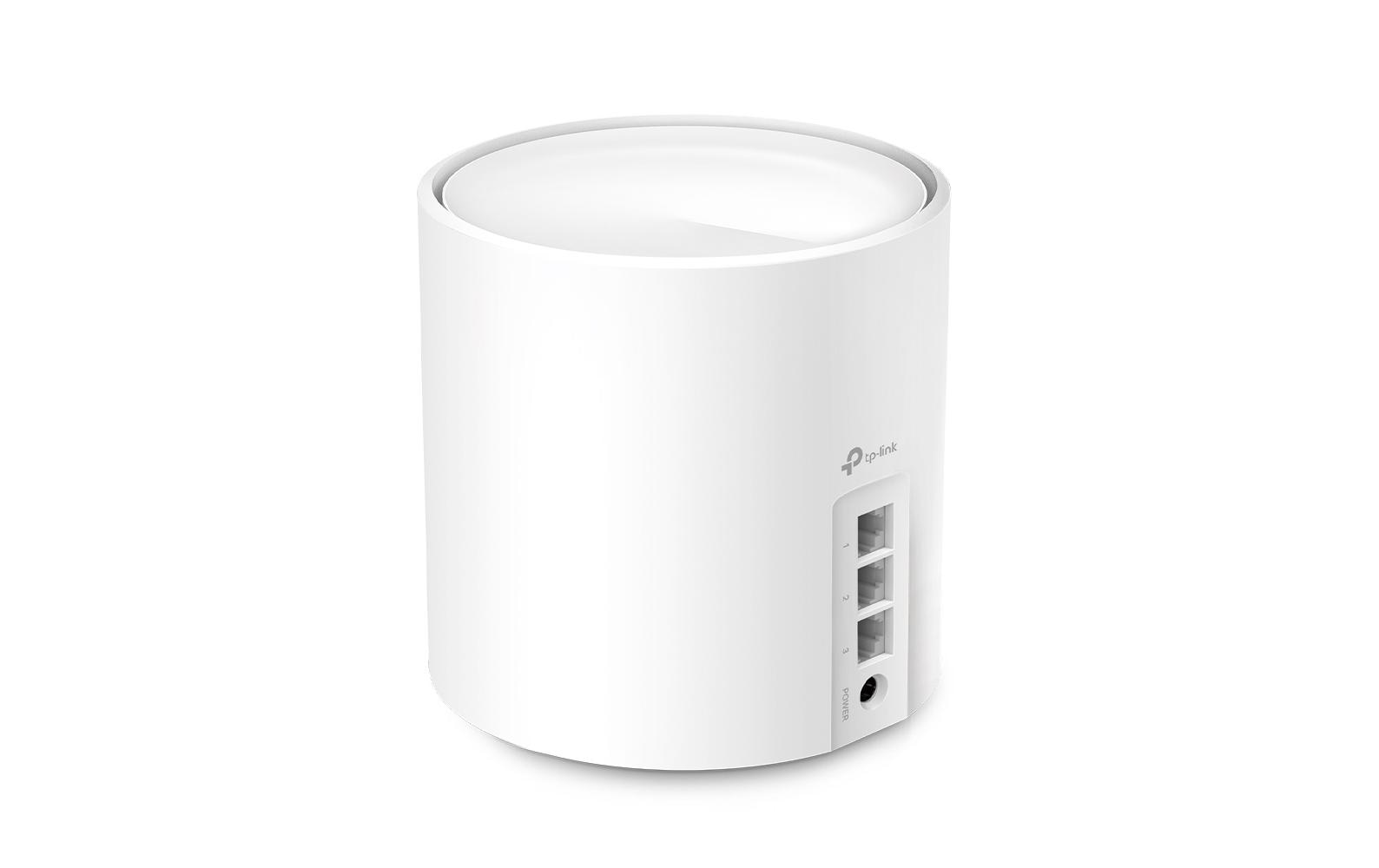 Un routeur cylindrique blanc TP-Link. Il possède des ports et une entrée d'alimentation sur le côté. Le dessus est plat et incurvé.