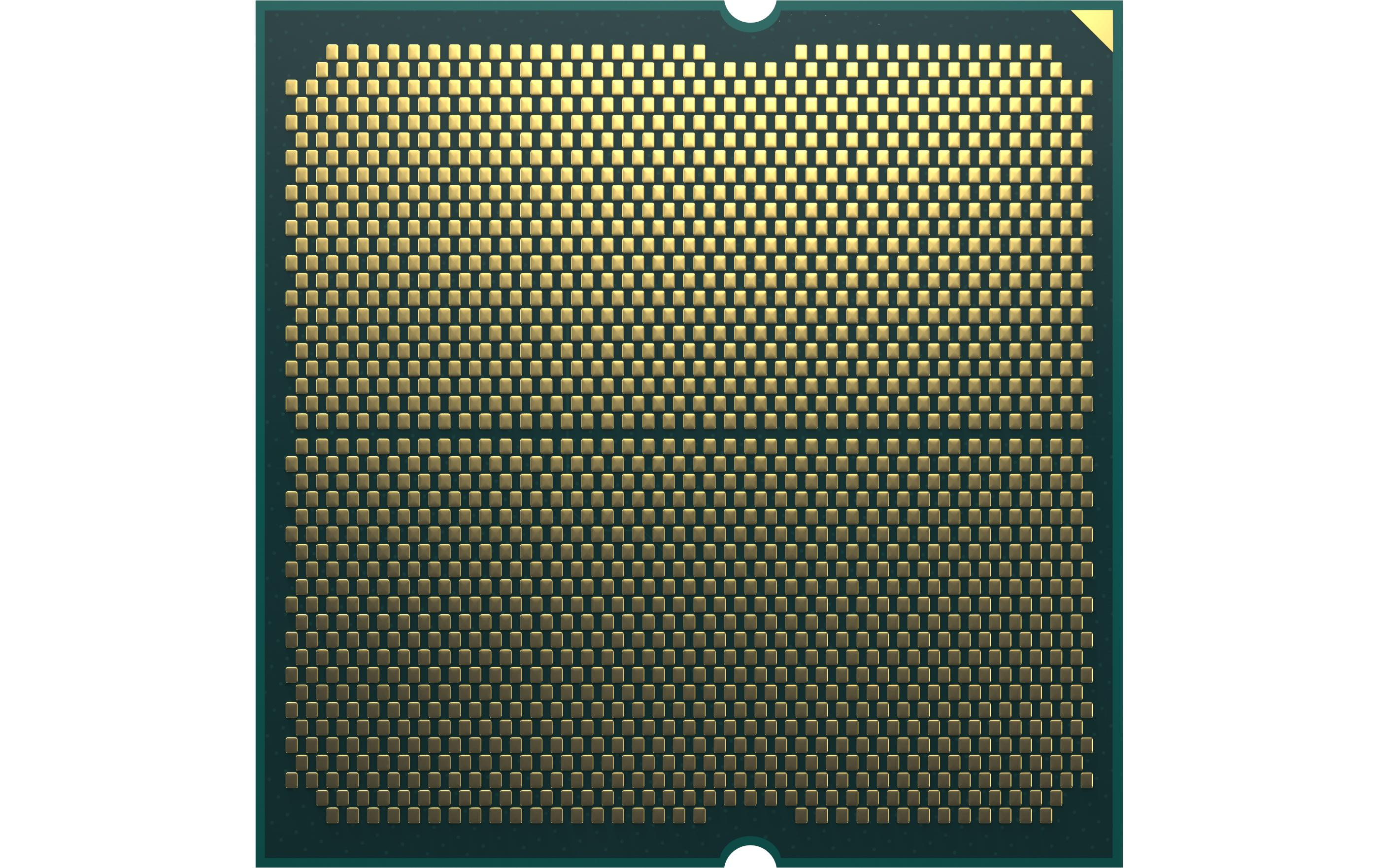 Nahaufnahme einer CPU. Goldfarbene Stifte sind in einem Raster angeordnet, umgeben von einem dunkelgrünen Rahmen.