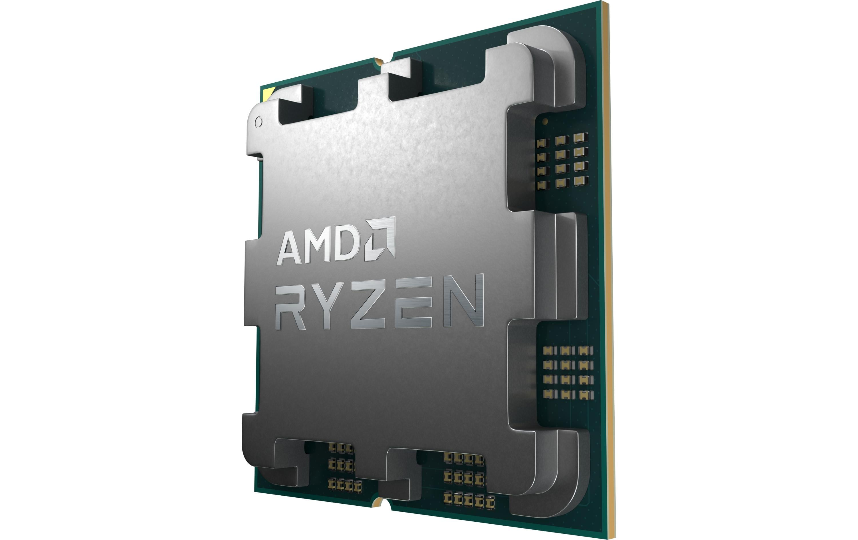Nahaufnahme eines AMD Ryzen-Prozessors. Er hat eine silberne Metallabdeckung, und das AMD Ryzen-Logo ist sichtbar.