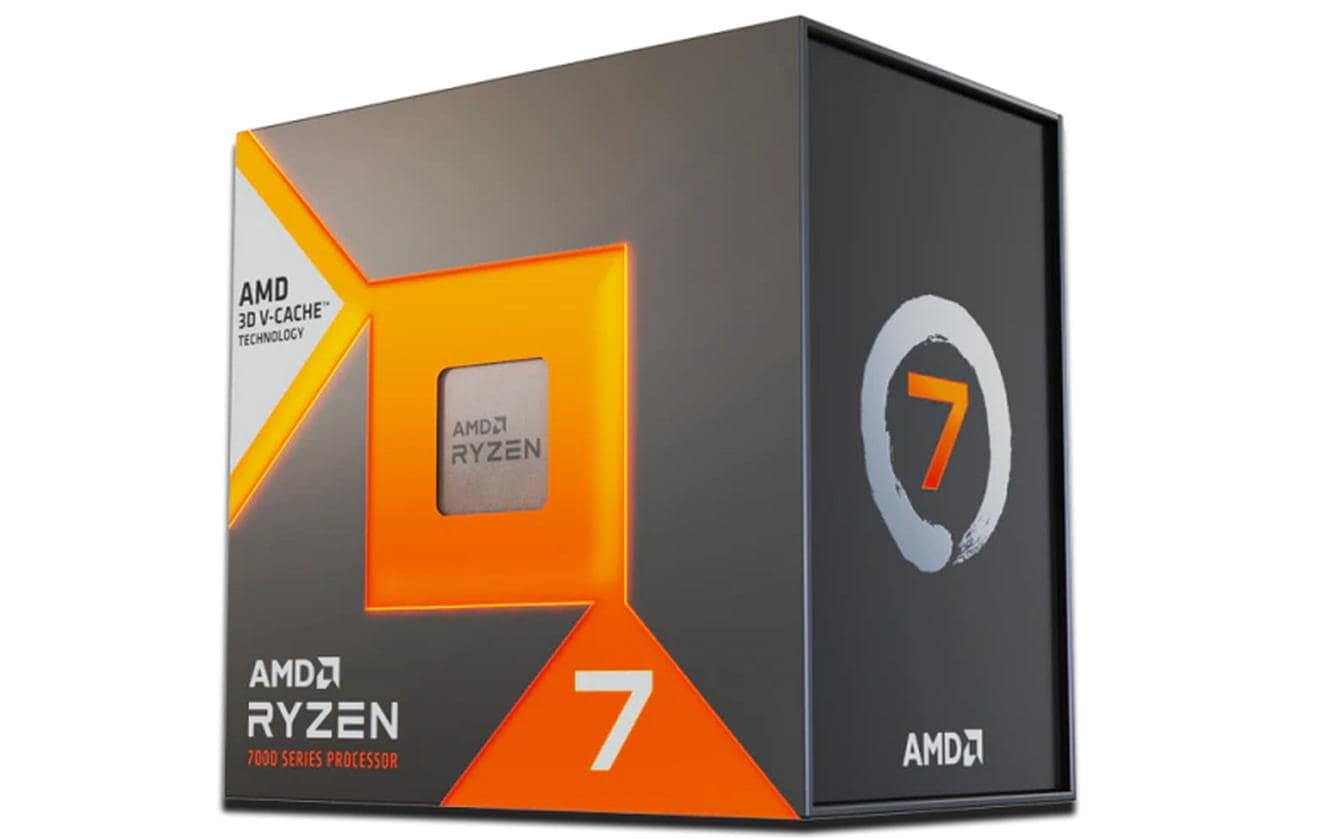 Box mit AMD Ryzen 7 Prozessor. Orange-graues Design mit weißen Akzenten. Zeigt das Ryzen 7 Logo und das AMD Branding.