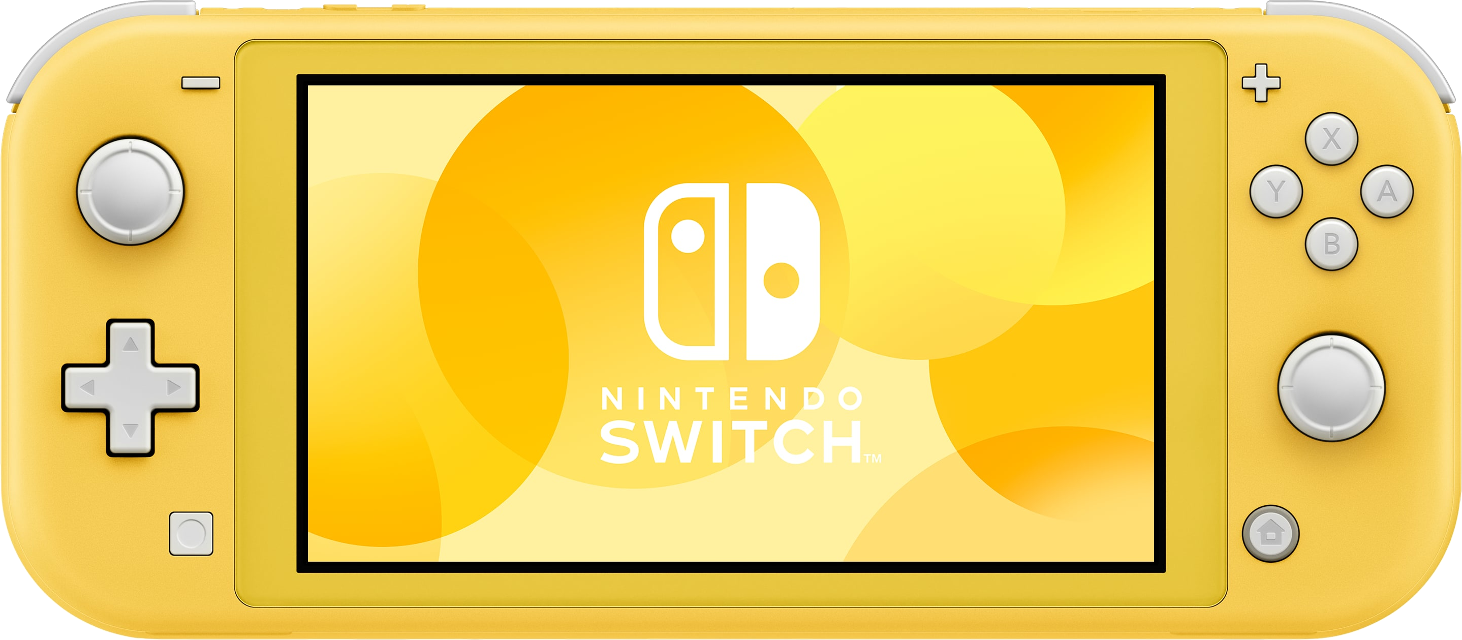 Gelbe Nintendo Switch Lite Konsole mit Knöpfen, Bildschirm zeigt farbenfrohen Hintergrund.