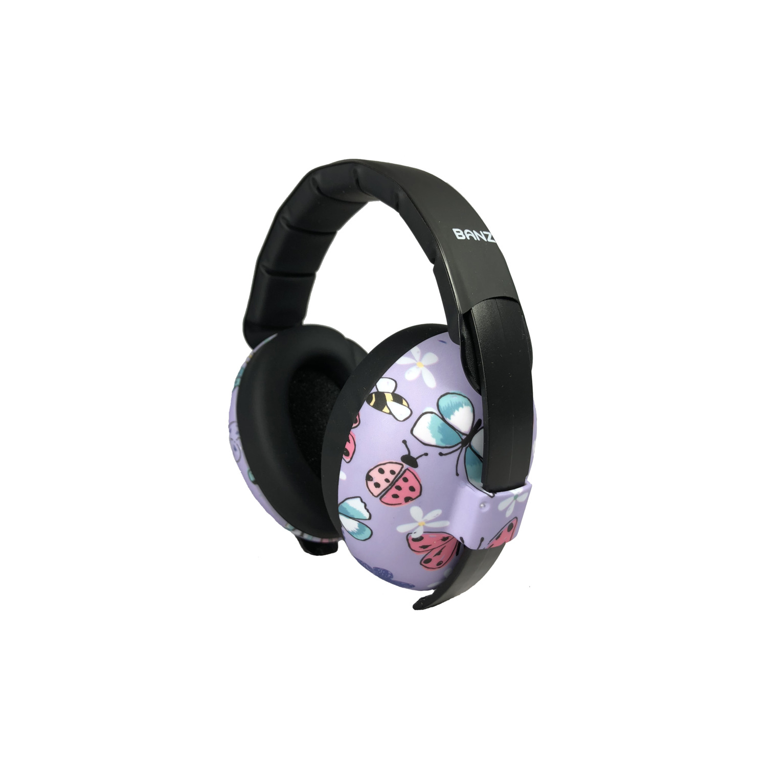 Casque bébé violet avec motifs papillons et coccinelles et bandeau noir.