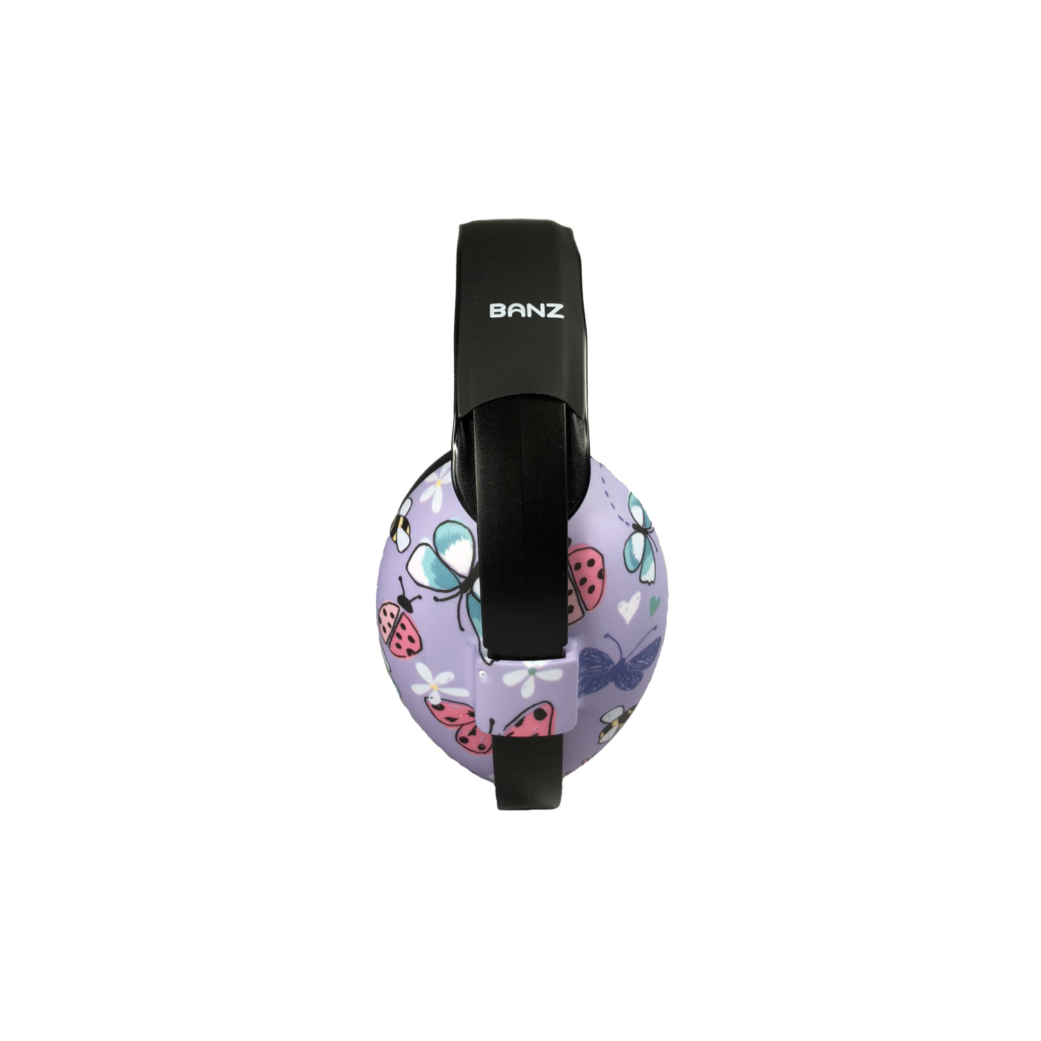 Casque violet avec papillons et coccinelles.