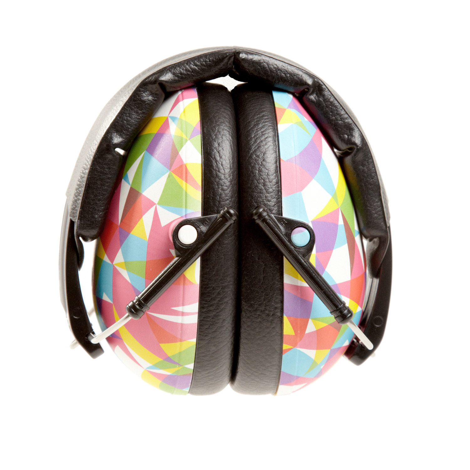 Casque antibruit coloré, avec coussinets et bandeau en cuir noir.