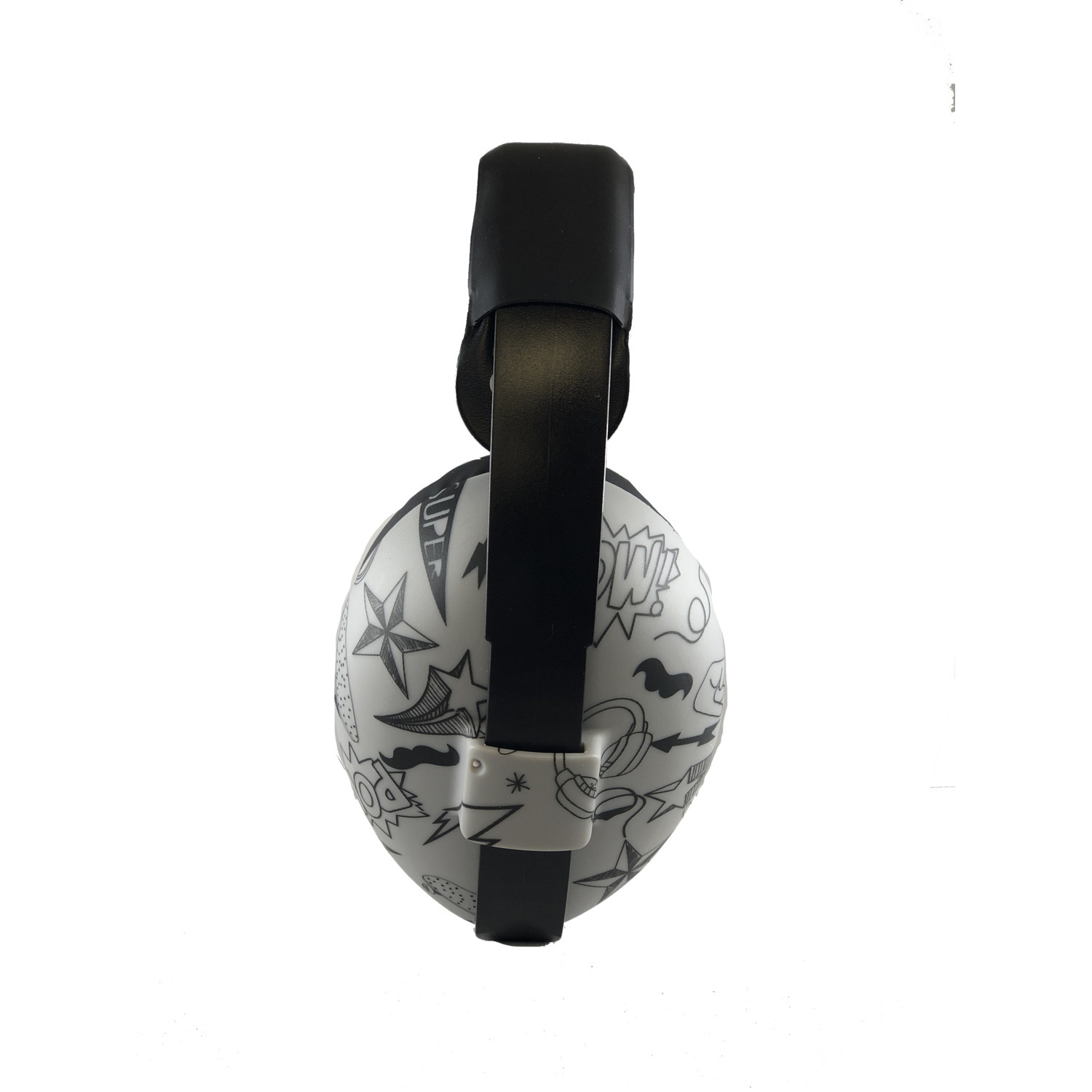 Cache-oreilles pour enfants avec bandeau noir et écouteurs blancs avec motifs de bande dessinée.