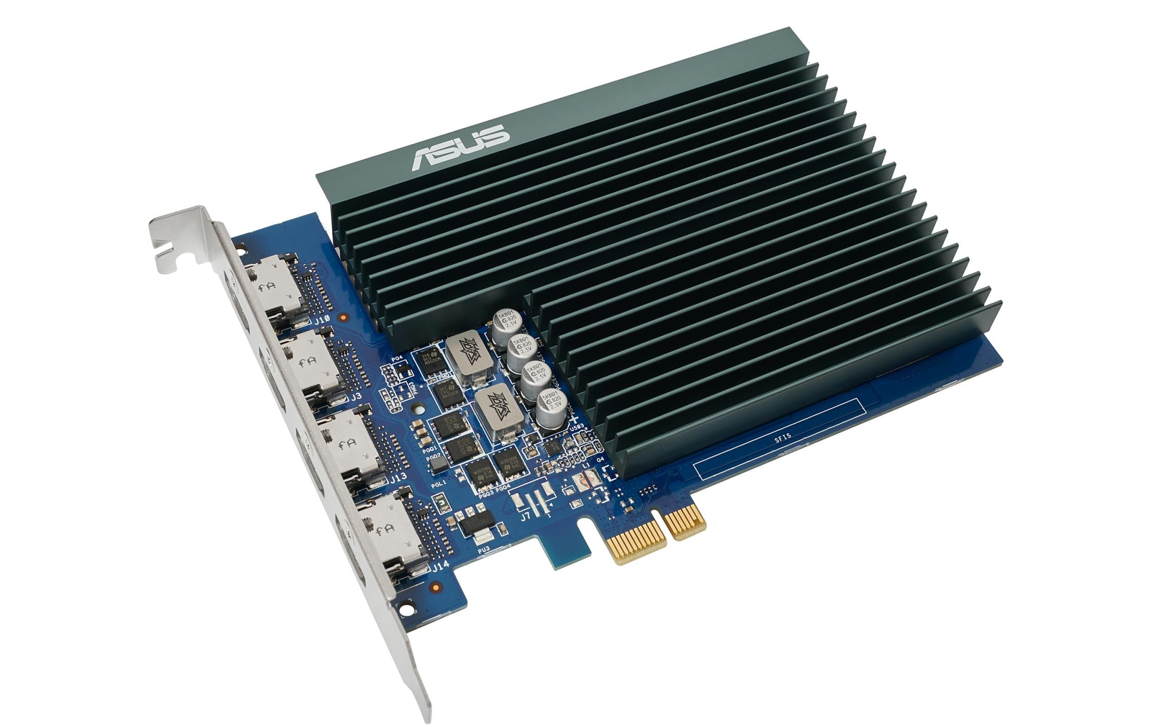 Une carte graphique ASUS sur fond blanc. Elle possède un dissipateur thermique vert avec le logo ASUS, un circuit imprimé bleu et un support métallique.