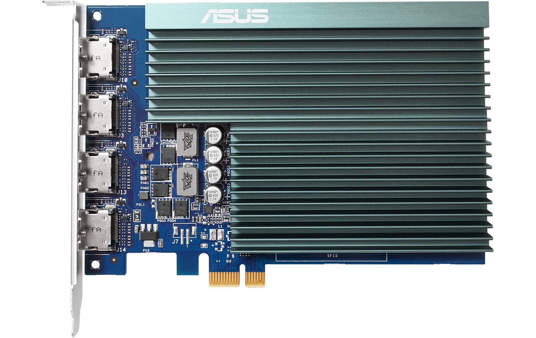 Carte graphique ASUS bleue et argentée avec plusieurs ports et un grand dissipateur thermique.