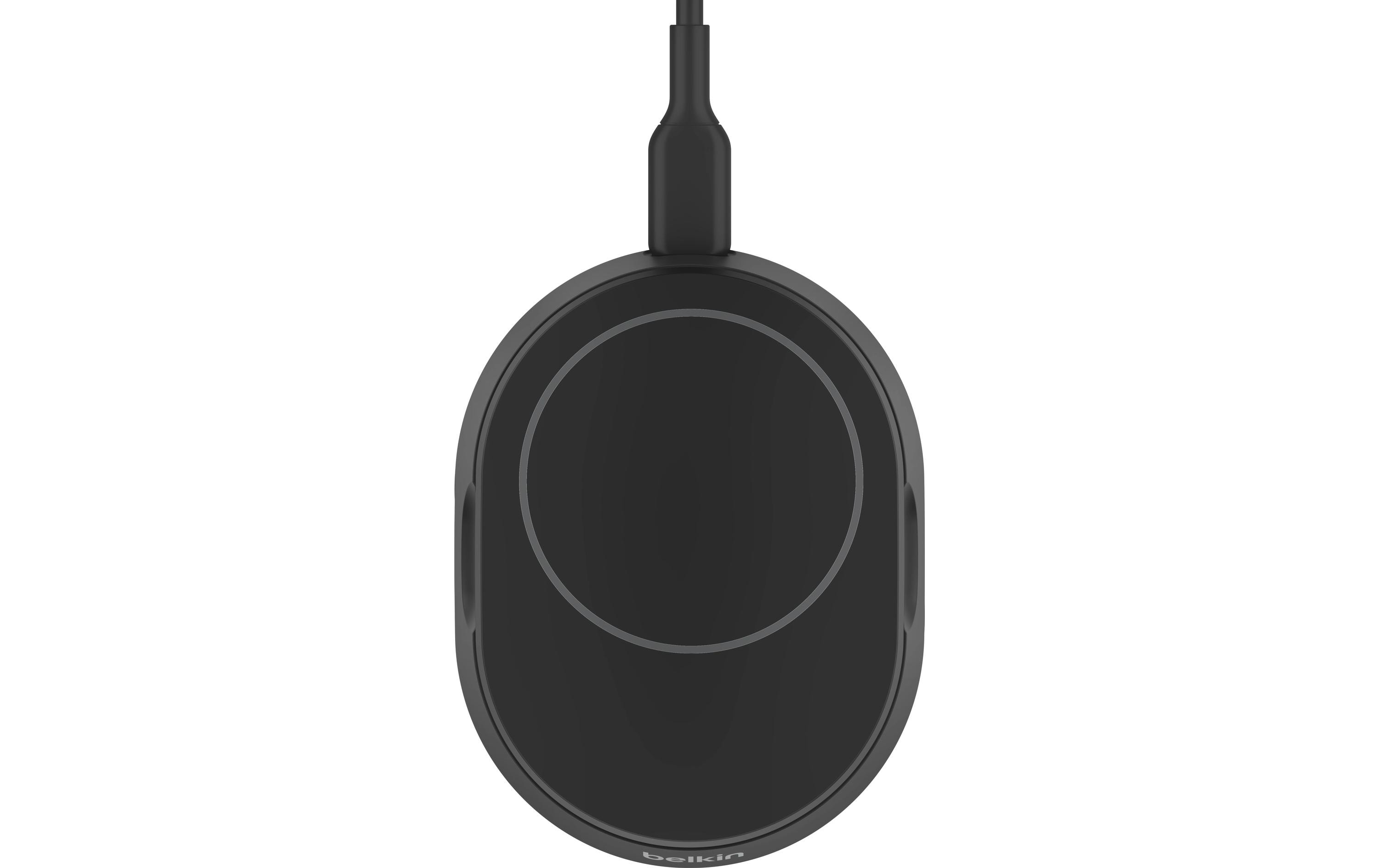 Chargeur sans fil Belkin noir avec câble de charge connecté, vue de dessus.