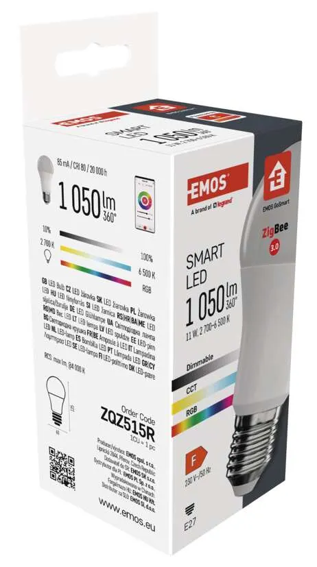 Egy okos LED izzó fehér-fekete doboza. A dobozon szöveg és képek láthatók.