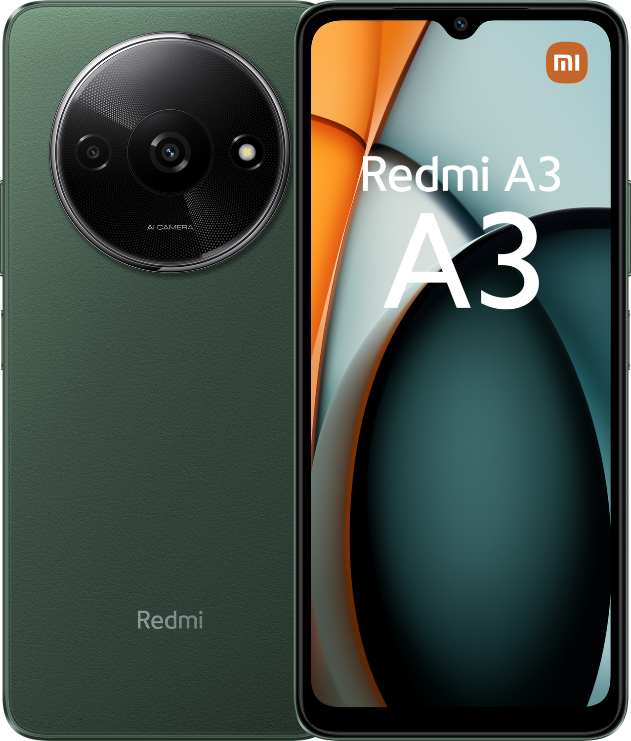 Teléfono Redmi A3 verde con dos cámaras y el logo Redmi. El teléfono está en un soporte.