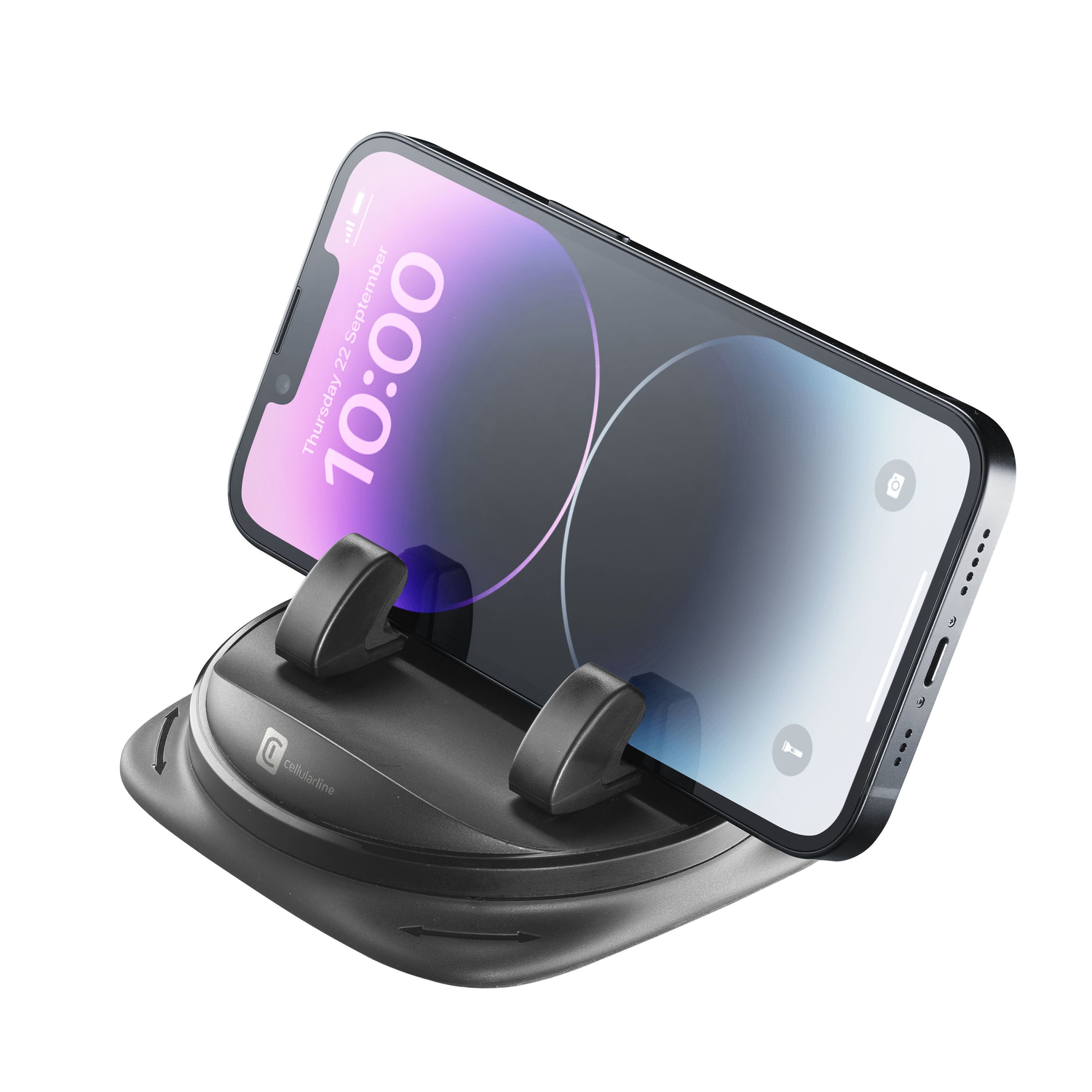 Een telefoon staat schuin in een zwarte telefoonhouder. Het scherm toont de tijd en datum.