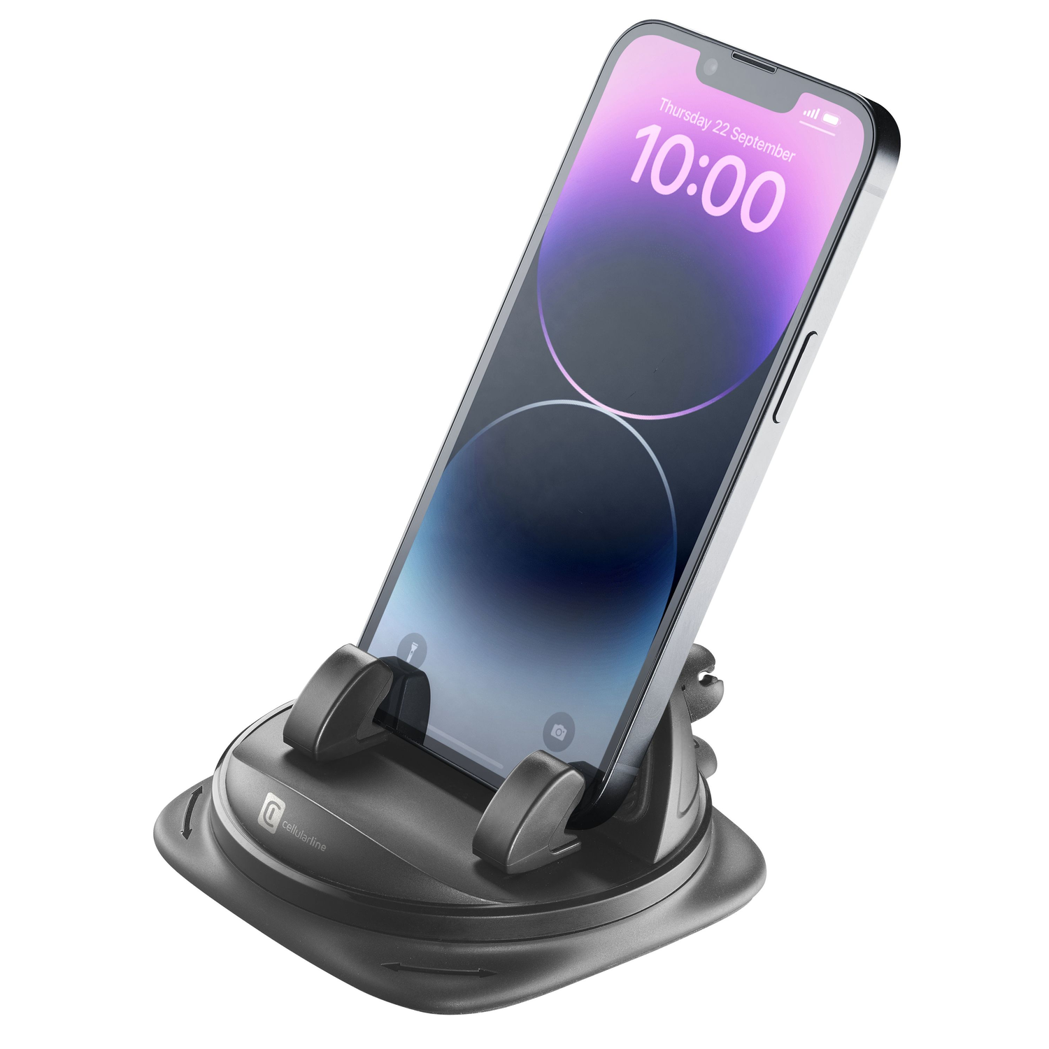 Telefoon in zwarte houder, schuin. Display toont donderdag 22 september, 10:00.