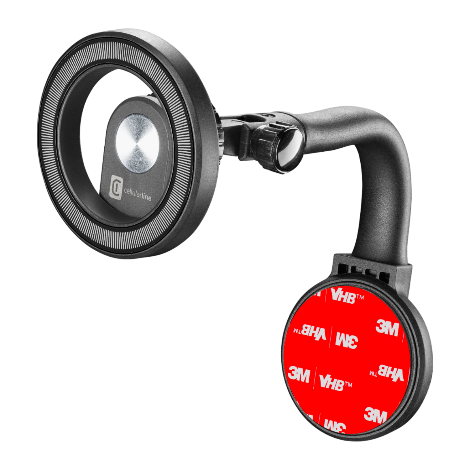 Zwarte telefoonhouder voor in de auto met cirkelvormige bevestiging en verstelbare arm. Rood 3M-tape zichtbaar.