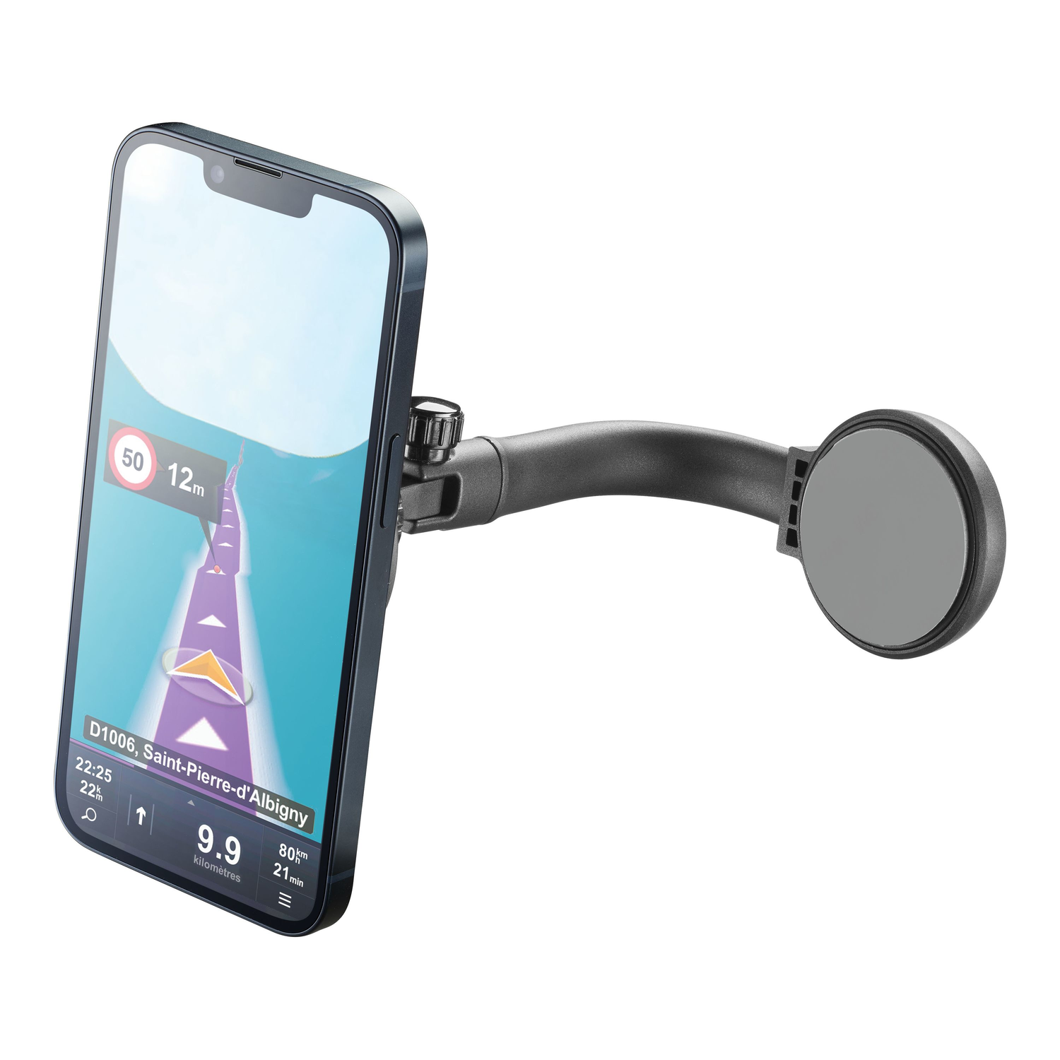 Smartphone gemonteerd op een autodashboard. Navigatie-app geopend, route.