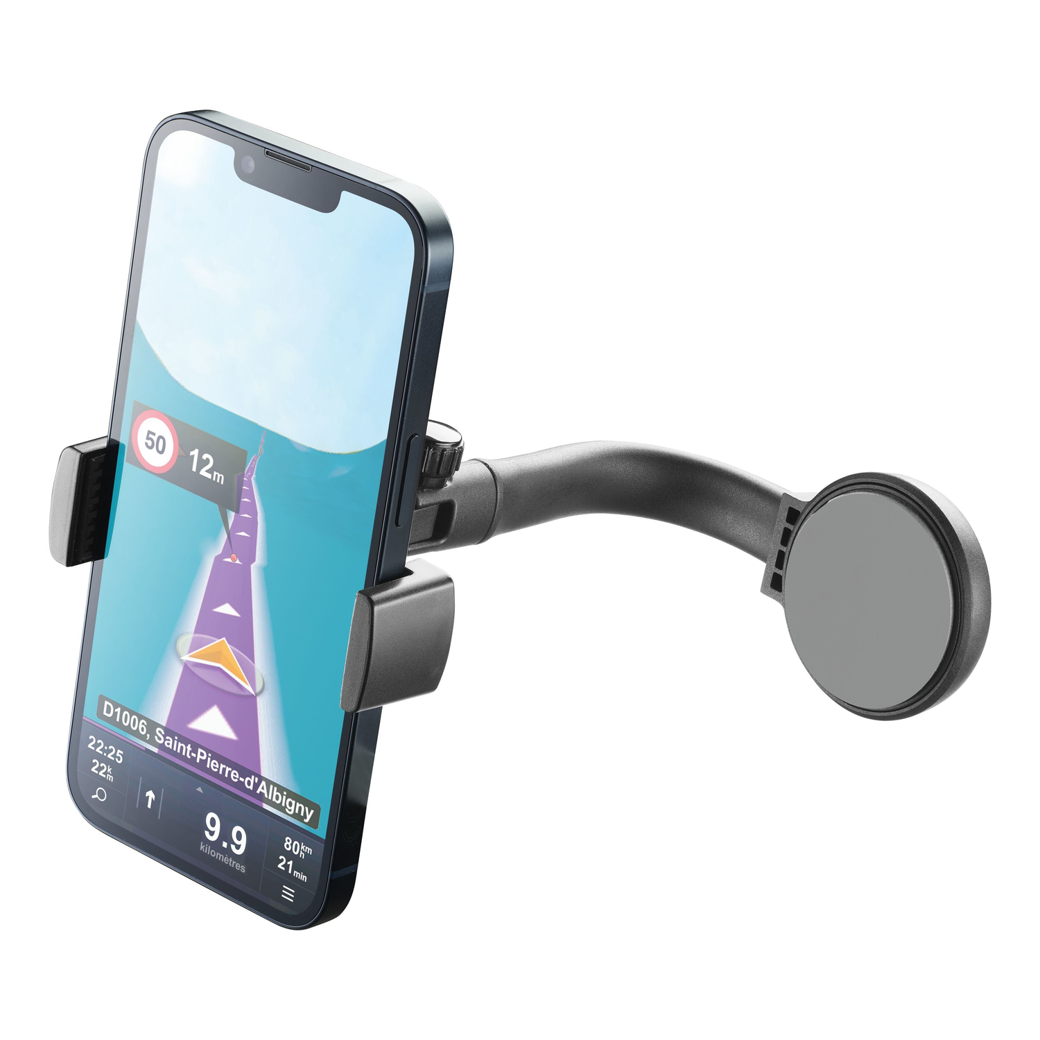 Smartphone gemonteerd op een autohouder met een navigatie-app.