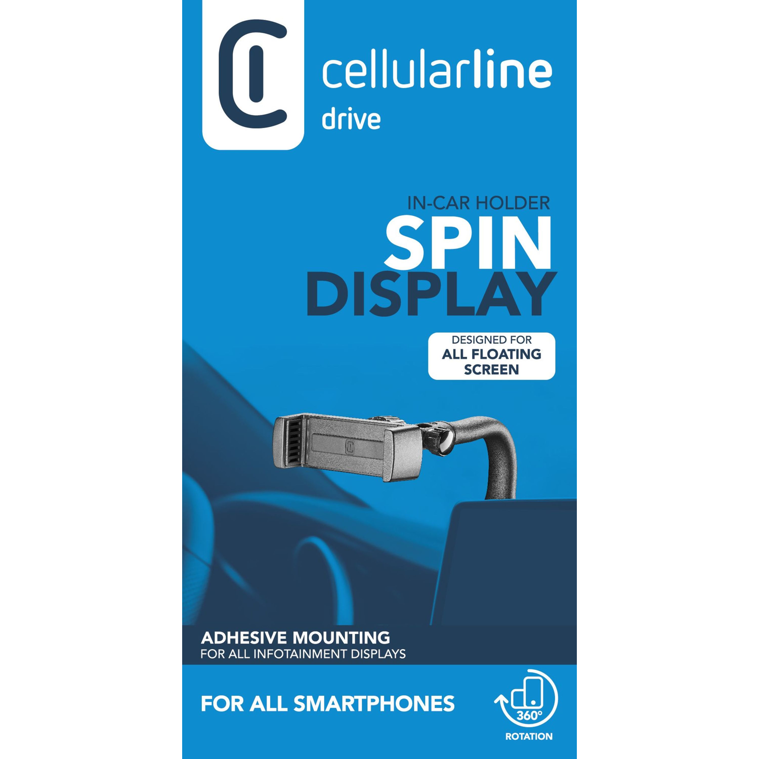 Verpakking van een autohouder met tekst: IN-CAR HOLDER SPIN DISPLAY. Voor alle smartphones.