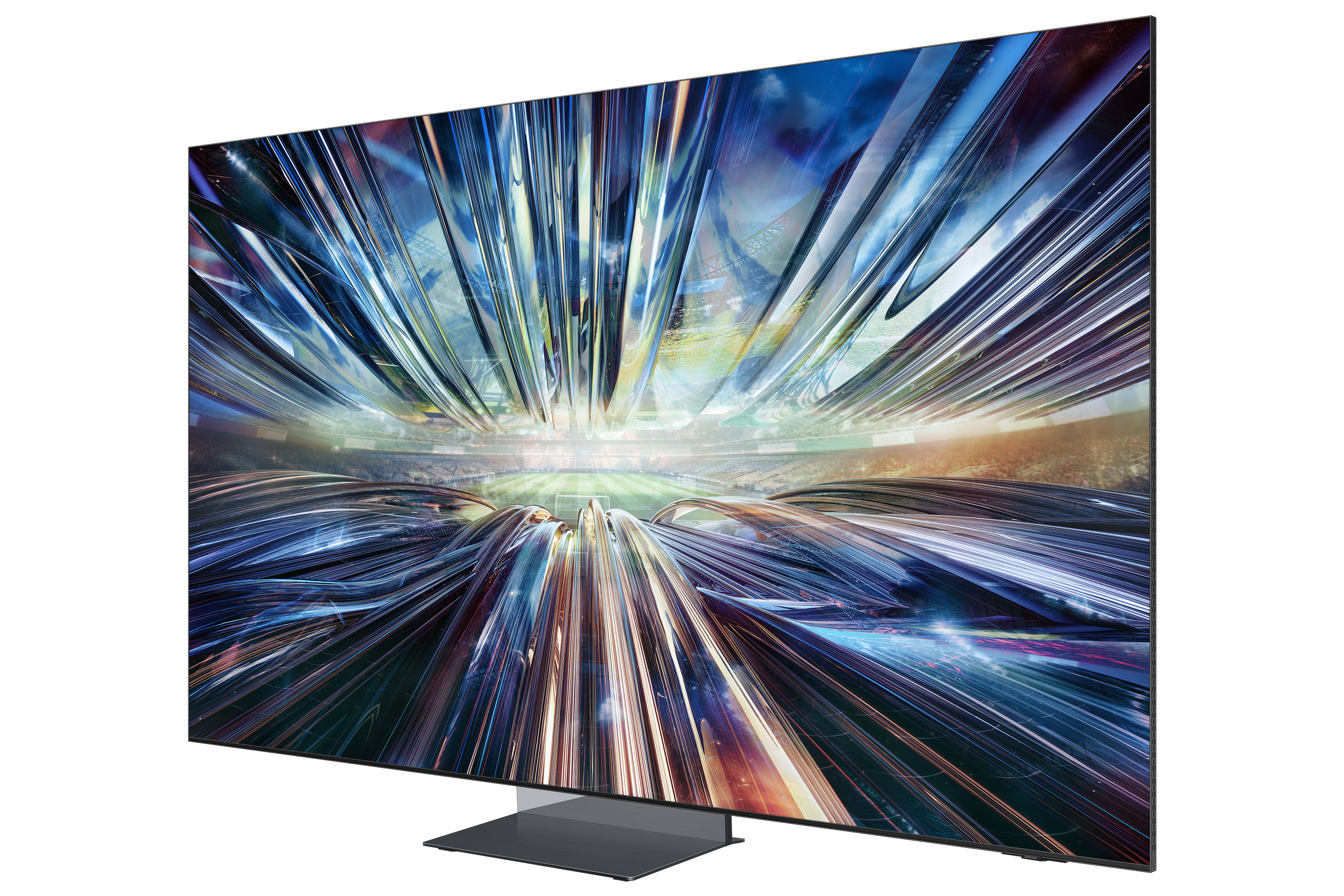 Großer Fernseher zeigt eine abstrakte, farbenfrohe Szene. Der Bildschirm steht auf dunklem Ständer, vor weißem Hintergrund.