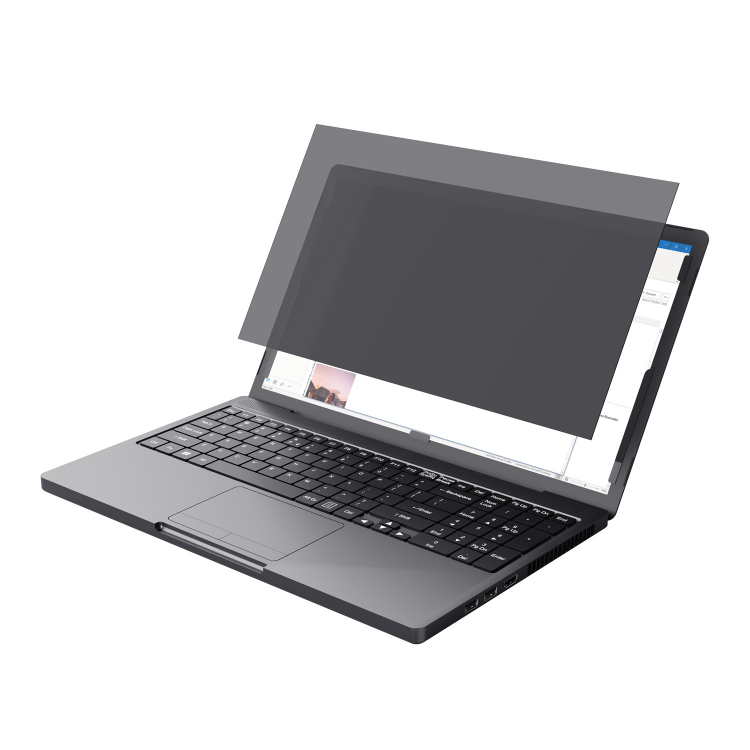 Een laptop met een privacy scherm op het scherm. Het scherm toont een website.