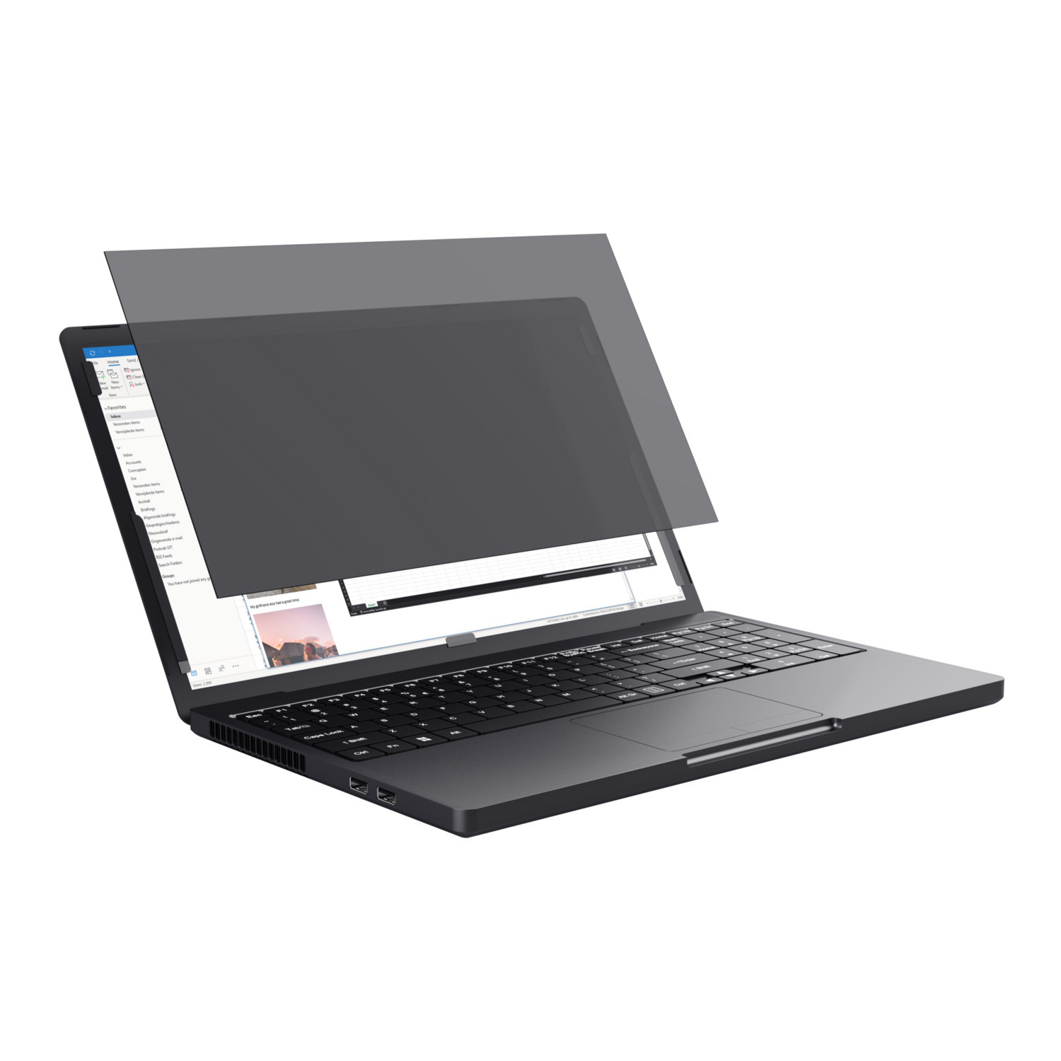 Laptop met privacyfilter over de monitor. Toont een webpagina.