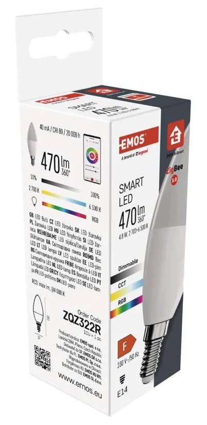 Egy okos LED izzó doboza. Fehér és fekete, termékinformációkkal és izzó képével.