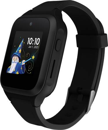 Montre intelligente noire avec une illustration de magicien sur l'écran, affichant l'heure et la date.