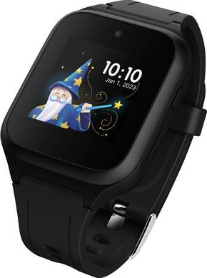 Une montre intelligente noire avec une illustration de magicien sur l'écran, affichant l'heure et la date.