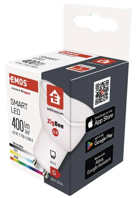 Okos LED izzó doboza termékadatokkal és QR-kóddal.