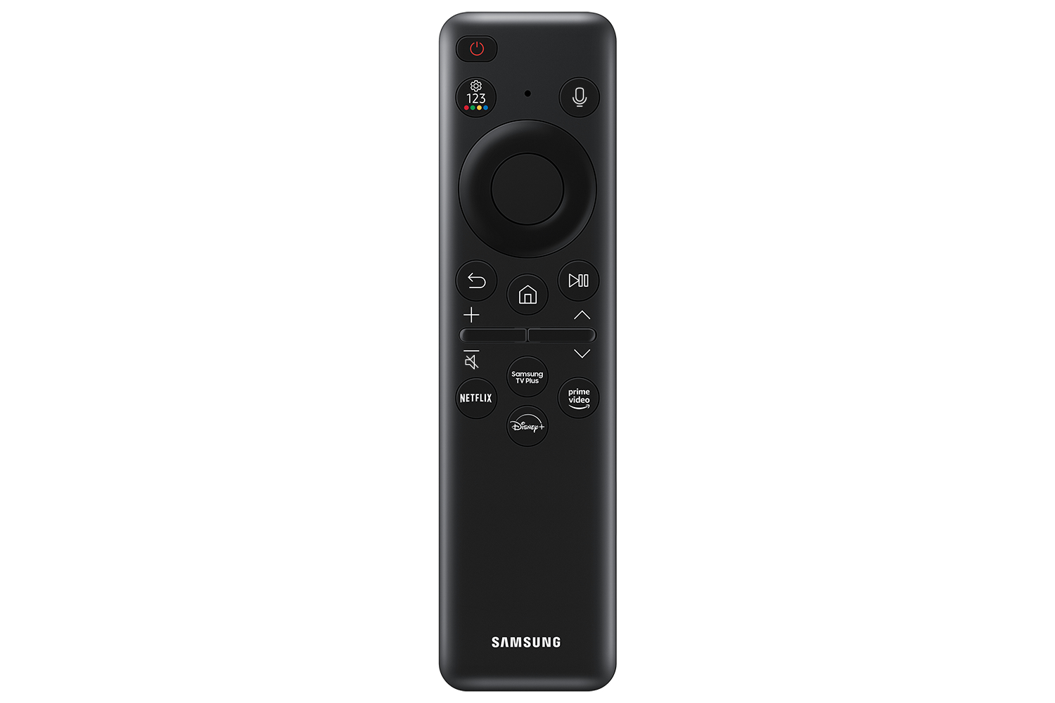 Schwarze TV-Fernbedienung mit Tasten, einem kreisförmigen Steuerkreuz und Streaming-Diensten.