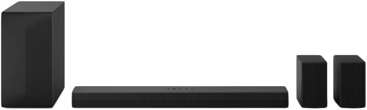 Egy fekete soundbar, egy mélynyomó és két hátsó hangszóró, mindez egy házimozi beállításban.