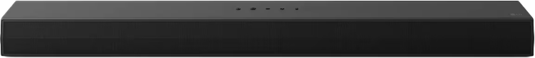 Fekete soundbar hálós előlappal, gombokkal a tetején és fehér háttérrel.