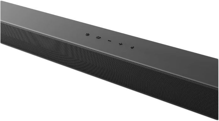 Egy fekete soundbar. Hálós előlappal és néhány gombbal rendelkezik a tetején.