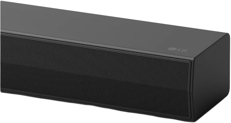 Egy fekete LG soundbar hálós előlappal és az LG logóval a jobb felső sarokban.