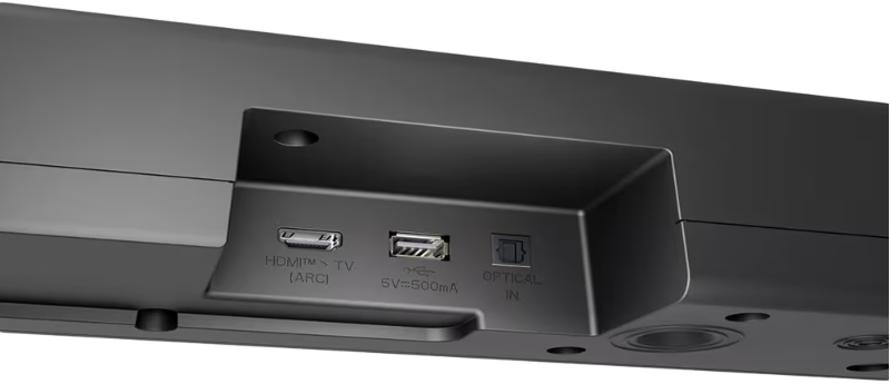 Fekete soundbar hátulja portokkal: HDMI, USB és Optical In.