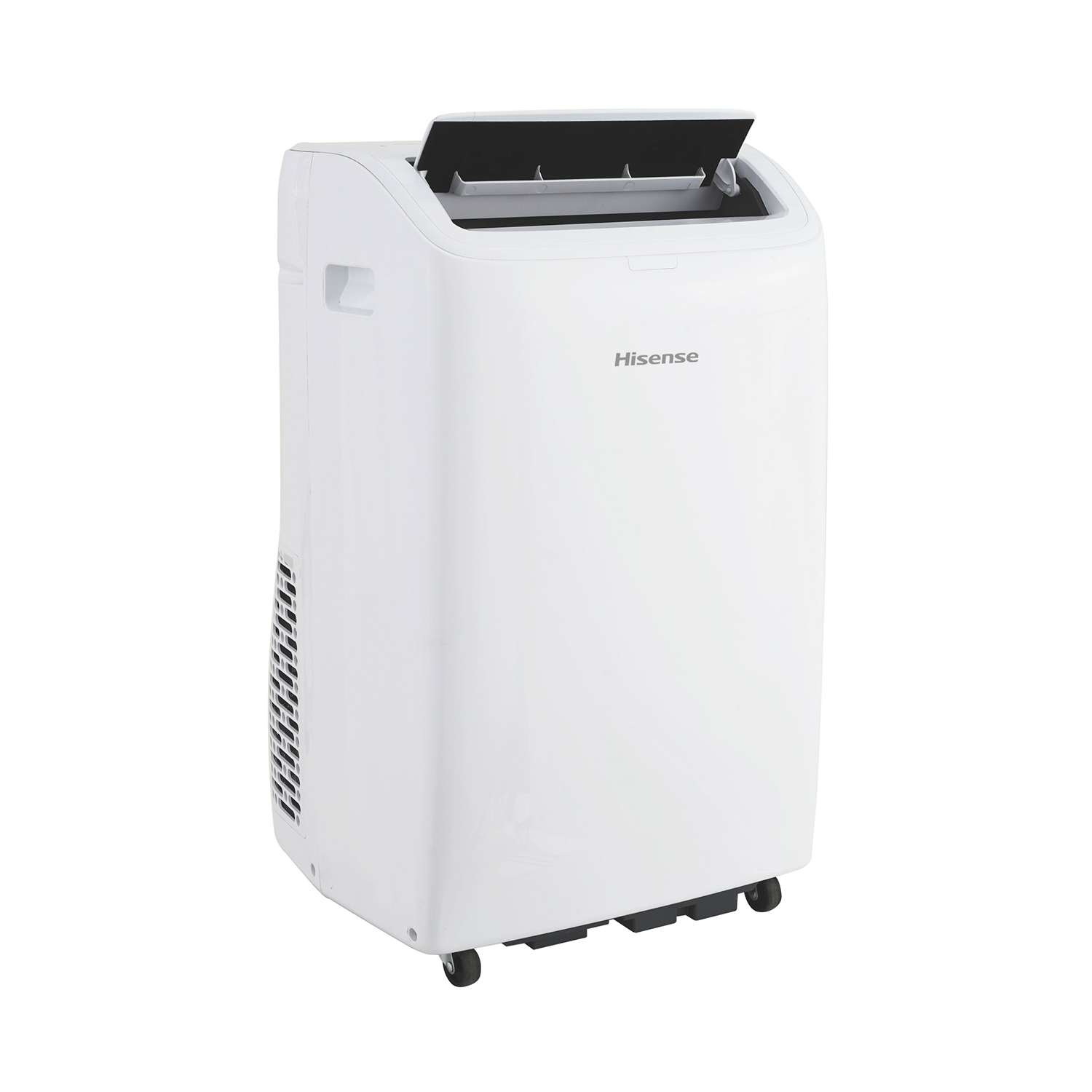 Un aire acondicionado portátil blanco con una parte superior negra y una ventilación abierta.