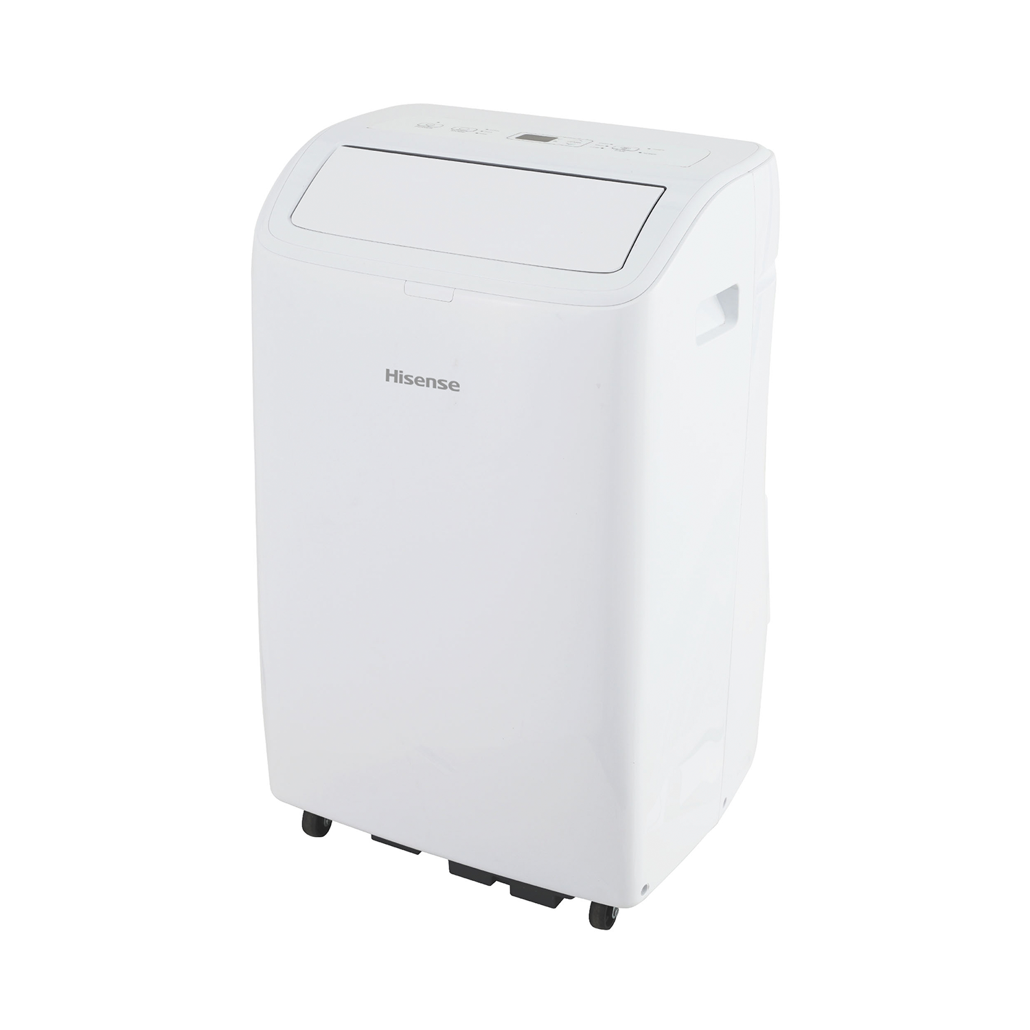 Un aire acondicionado portátil blanco. Tiene un logotipo de Hisense y ruedas.