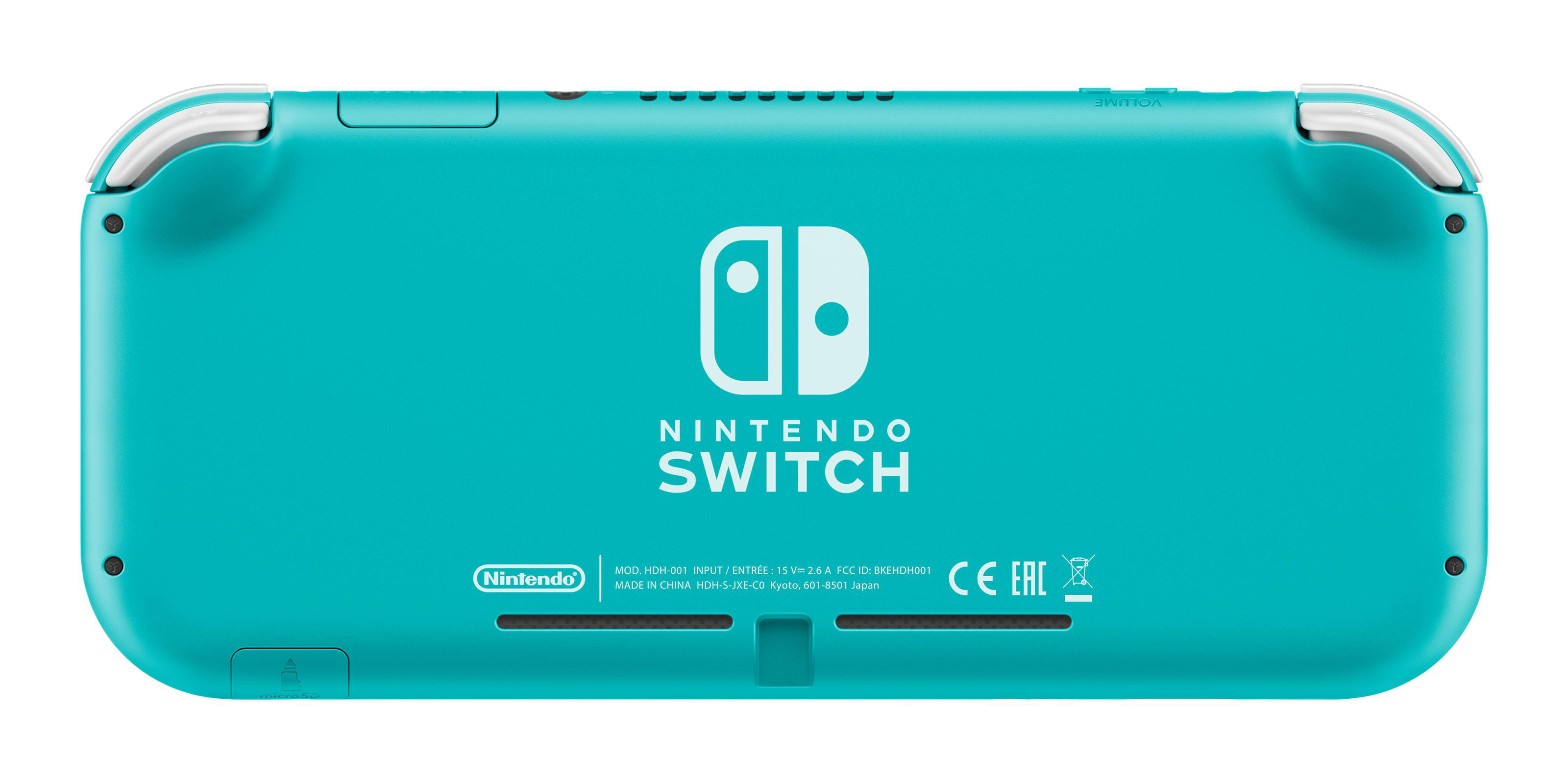 Türkisfarbene Nintendo Switch Lite. Die Rückansicht zeigt das Logo und die Tasten.