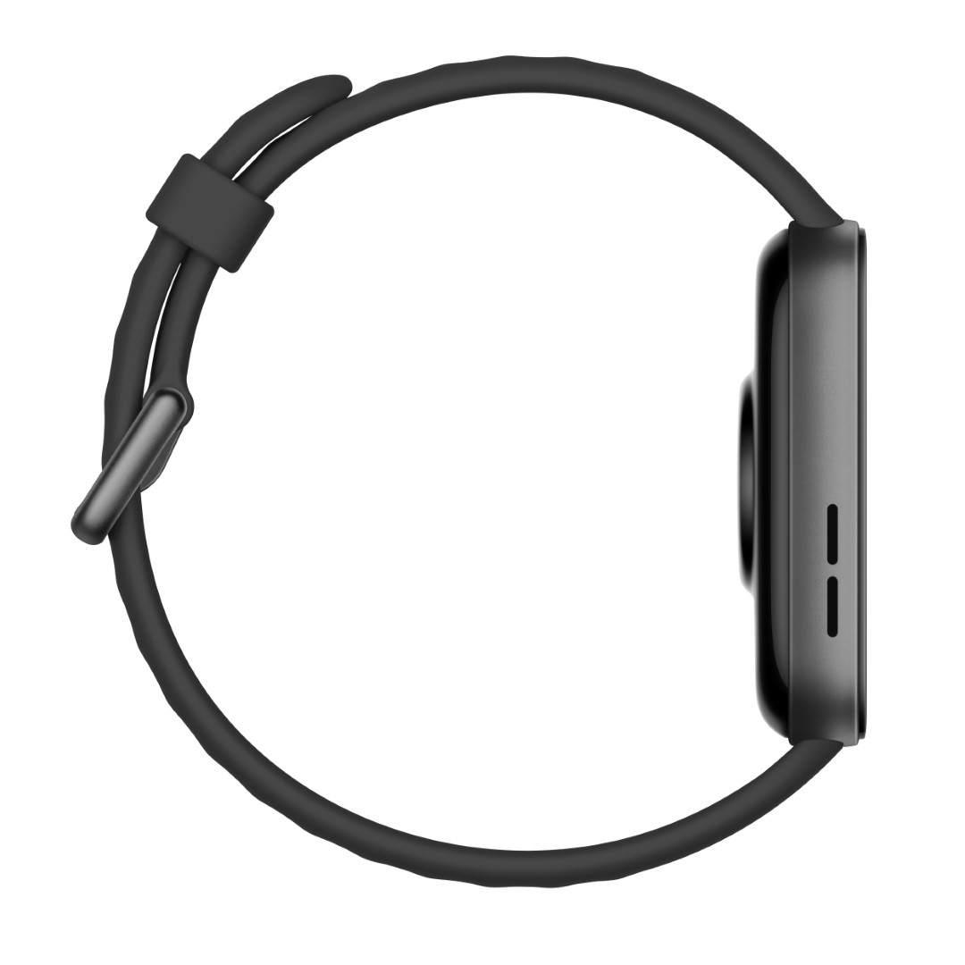 Czarny smartwatch. Widok z boku, z paskiem w pełnym okręgu. Zegarek jest okrągły.