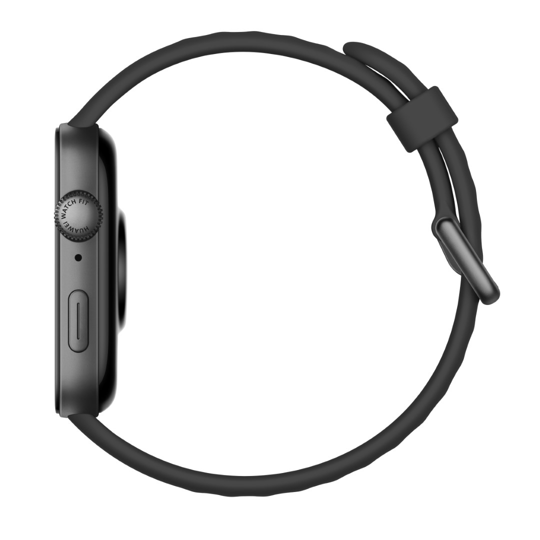 Czarny smartwatch z czarnym paskiem. Tarcza zegarka ma przycisk i otwór na mikrofon.