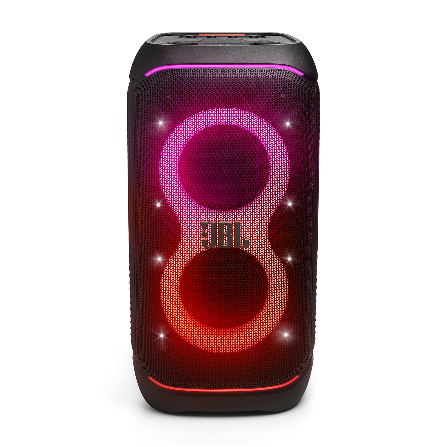 Altoparlante JBL nero con luci rosse, rosa e viola. Logo JBL visibile.
