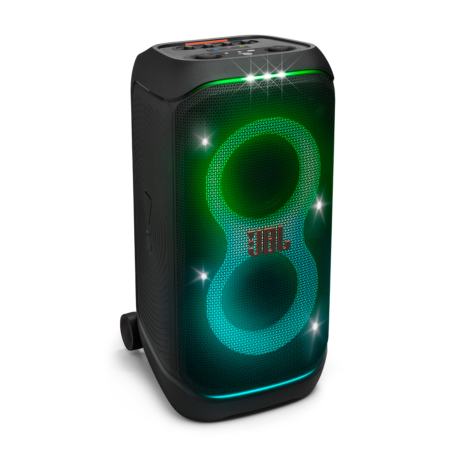 Un altoparlante JBL nero. Ha una forma di 8 verde brillante sul davanti e luci.