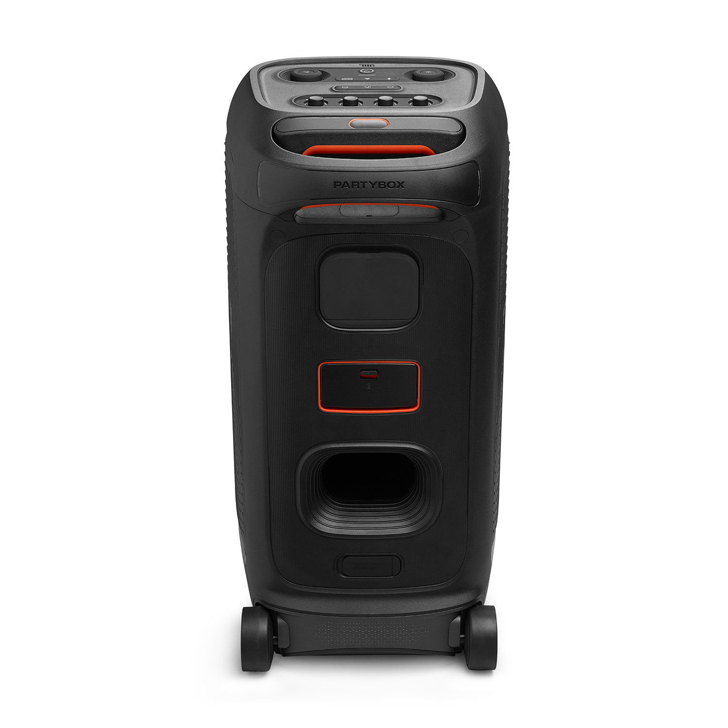 Altoparlante JBL PartyBox nero con dettagli arancioni, ruote e pannello comandi.