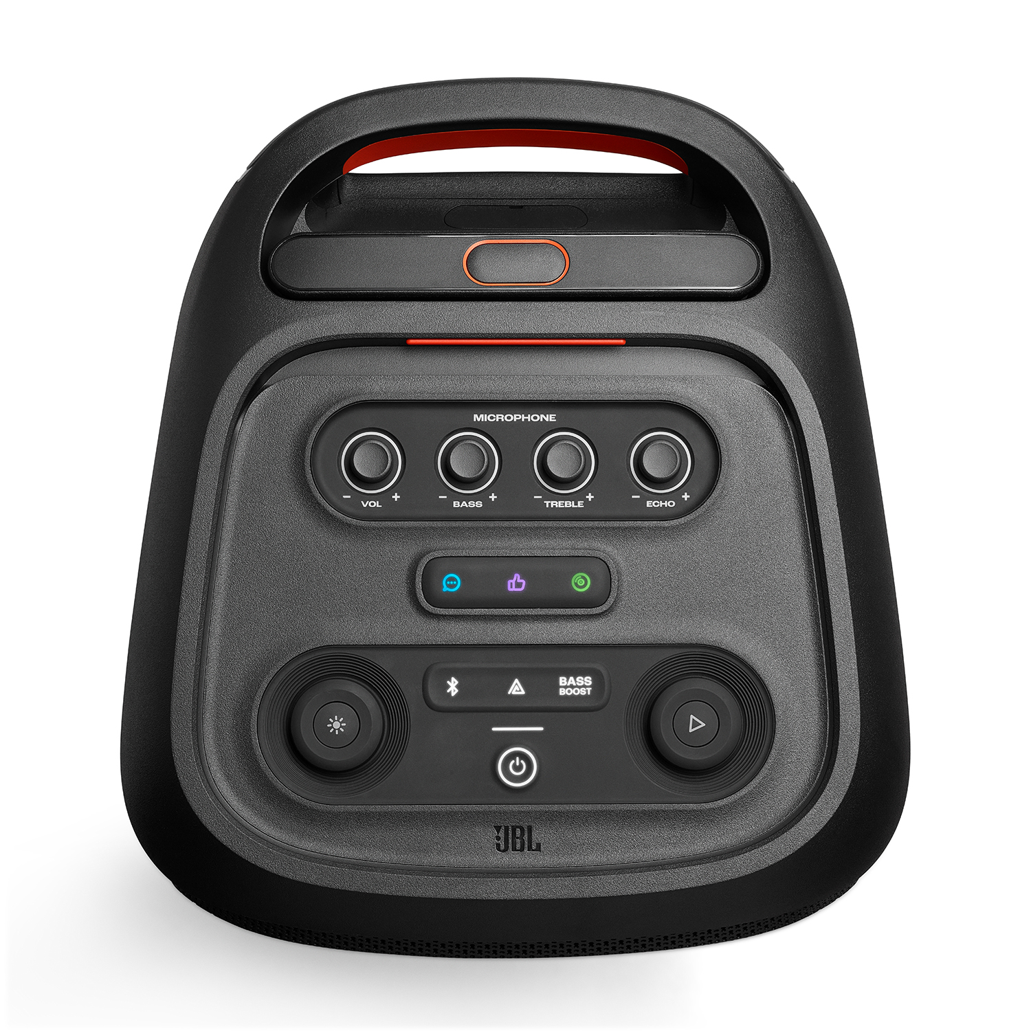 Un altoparlante per feste JBL nero con controlli e maniglia, sfondo bianco.