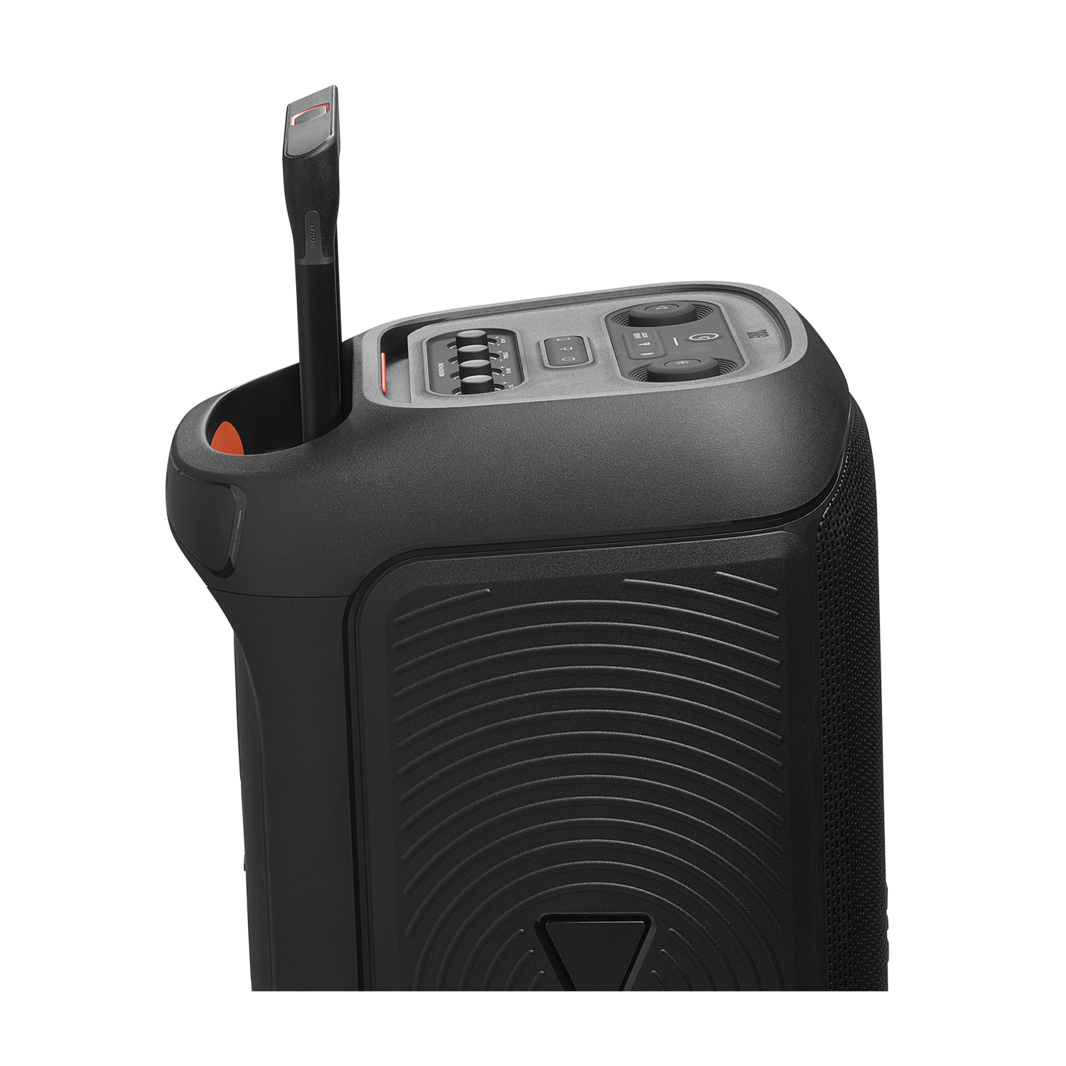 Altoparlante per feste JBL nero con controlli sulla parte superiore e maniglia arancione.