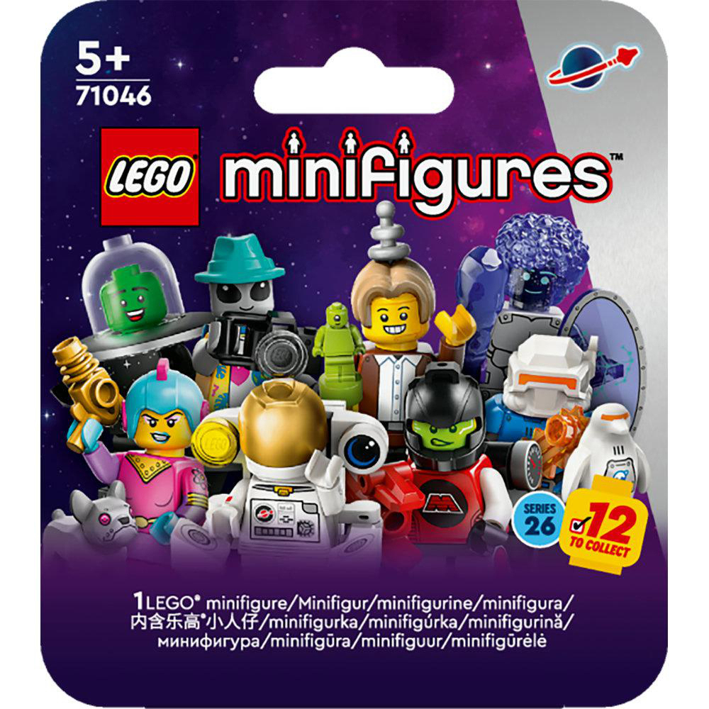 Ein LEGO Minifiguren-Set. Es hat viele Figuren mit verschiedenen Farben und Zubehör.