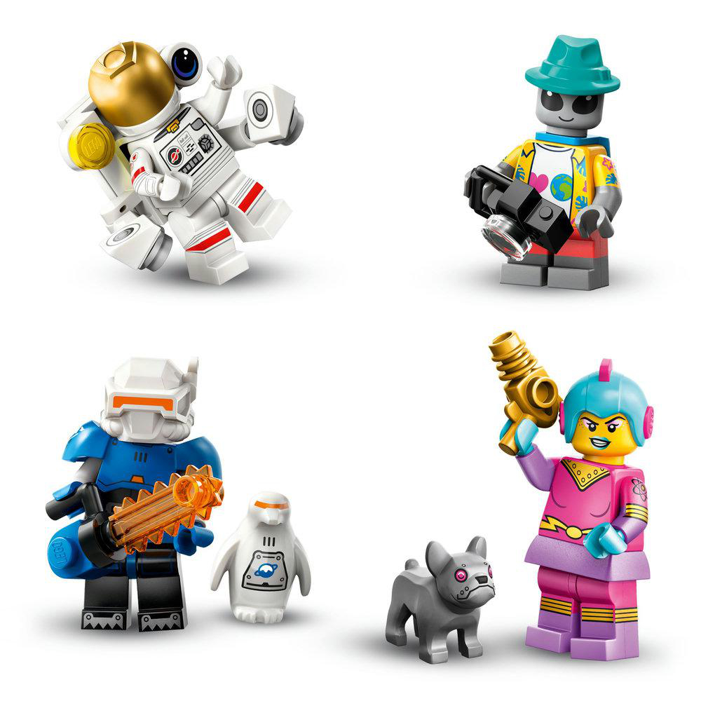 Vier Lego-Figuren: Astronaut, Fotograf, blau gekleidete Figur mit Kettensäge und Mädchen mit Waffe.