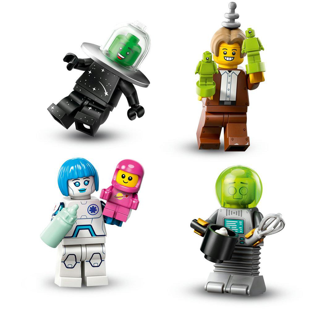 Vier Lego-Figuren: Alien, Mann mit grünen Händen, Astronaut mit Baby und Koch mit grünem Helm.