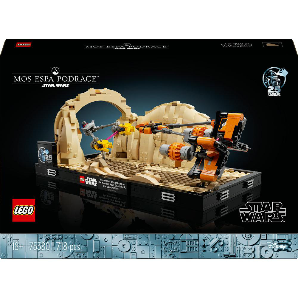 Eine Lego Star Wars Set-Box. Es zeigt die Mos Espa Podrace-Szene mit den Lego-Modellen.