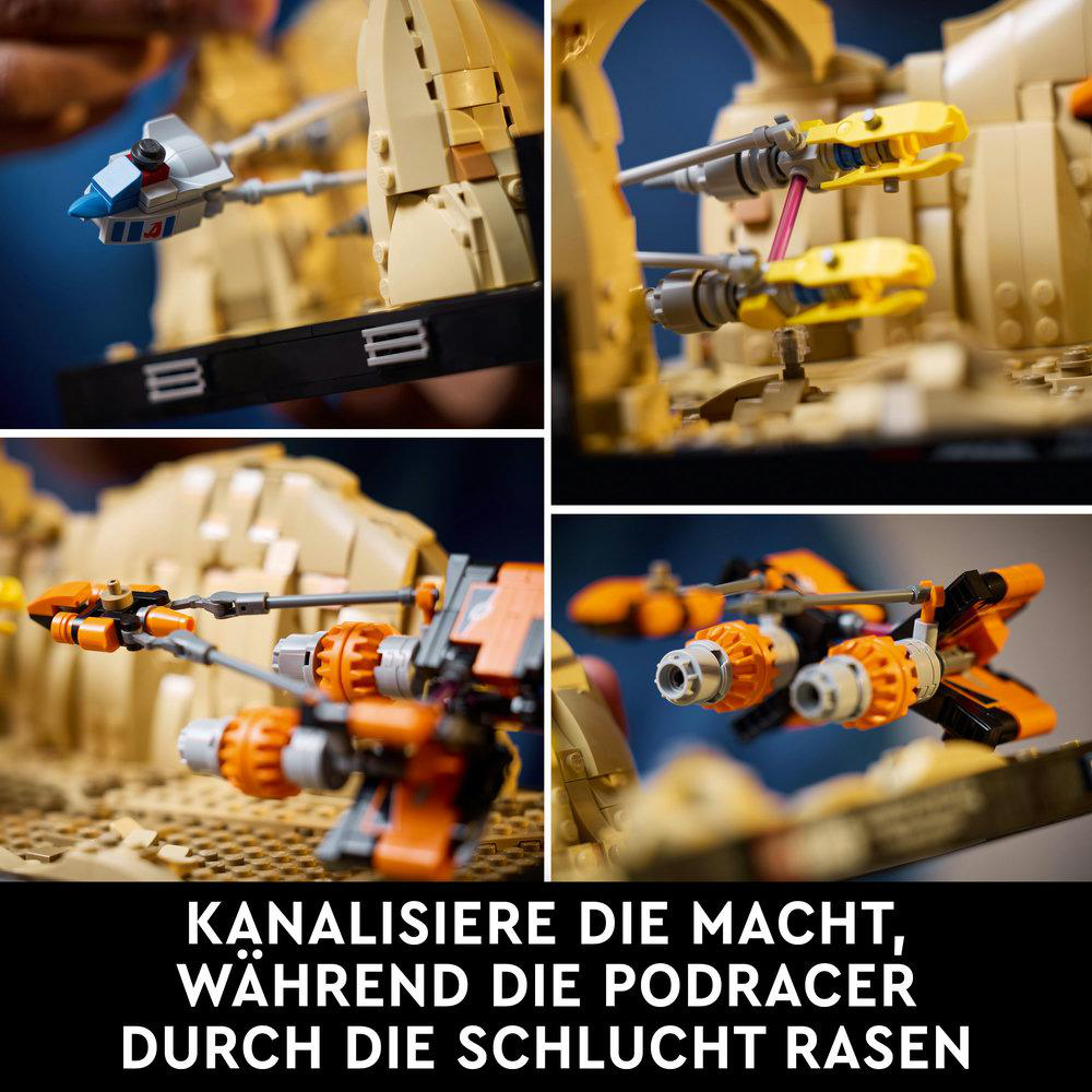Vier Bilder von Lego Podracers in Aktion. Der Hintergrund ist eine Wüstenszene mit beigen Strukturen.