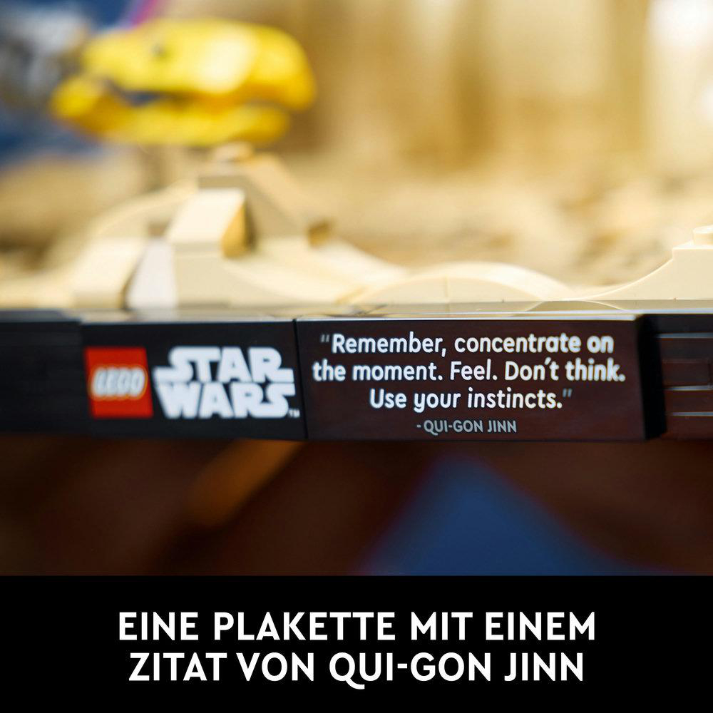 Eine LEGO Star Wars-Anzeige mit einem Zitat. Der Text ist auf Englisch und Deutsch.